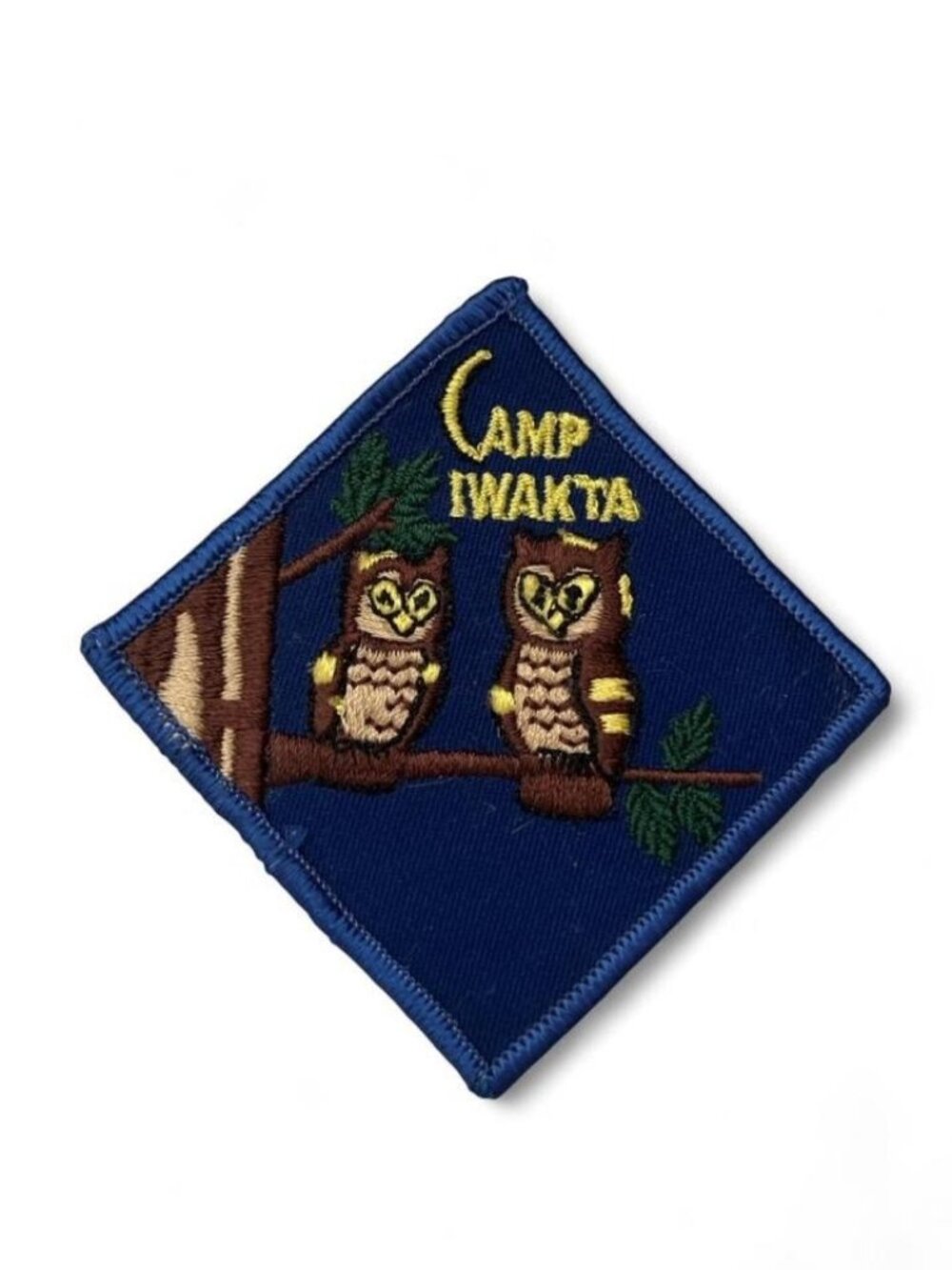 Vintage Boy Scouts Camp Iwakta Patch Owl Design Blue Border Blue Diamond